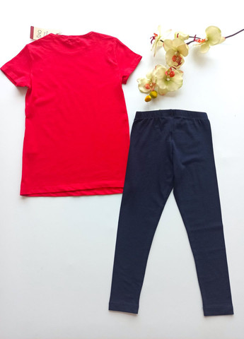 Червоний літній комплект костюм для дівчинки футболка червона подовжена + легінси темно-сині OVS