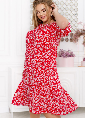 Красное повседневный платье с воланом а-силуэт No Brand с цветочным принтом