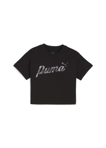 Черная демисезонная детская футболка ess+ blossom youth short tee Puma