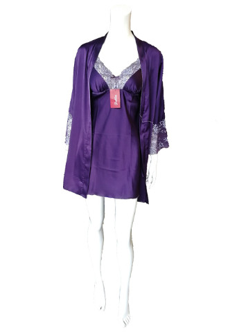 Комплект нічна сорочка з халатом шовксатин баклажан M JULIA (256606217)