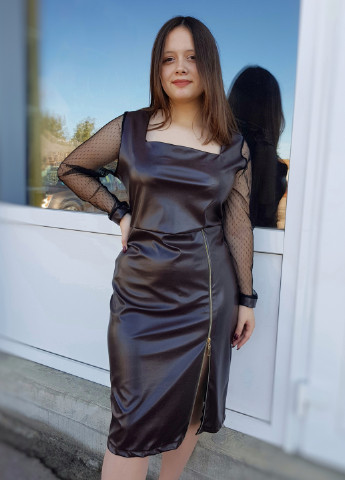 Коричневое коричневое платье кожзам с рукавами сетка Molegi