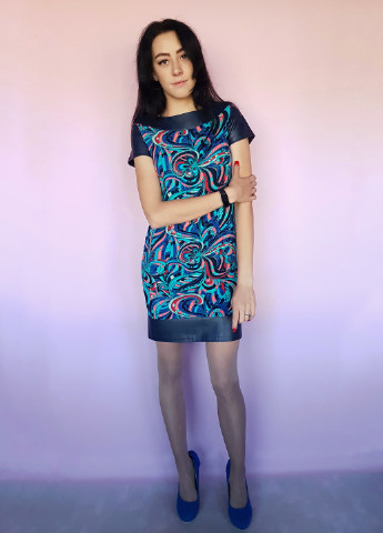 Темно-синя темно-синя сукня зі вставками еко-шкіри No Brand