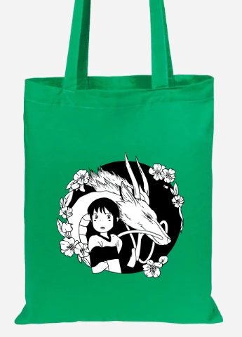 Еко-сумка шоппер Тихіро Огіно Сен та Хаку Віднесені привидами (Spirited Away) (92102-2647-KG) зелена MobiPrint Lite (256920481)