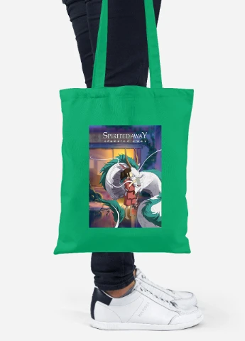 Еко-сумка шоппер Тихіро Огіно Сен та Хаку Віднесені привидами (Spirited Away) (92102-2829-KG) зелена MobiPrint Lite (256922597)