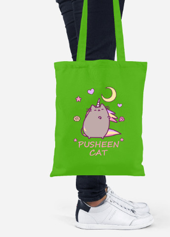 Еко-сумка шоппер Кіт Пушин (Pusheen Cat) (92102-3350-LM) салатова MobiPrint Lite (256923111)