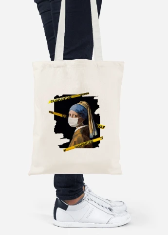 Еко-сумка шоппер Дівчина з перлами (92102-1417-BG) бежева MobiPrint Lite (256921684)