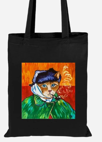 Еко-сумка шоппер Кіт Вінсент Ван Гог (Vincent van Gogh Cat) (92102-2958-BK) чорна MobiPrint Lite (256922514)
