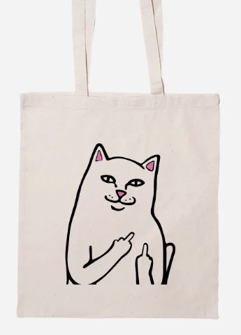 Эко сумка шопер мем Белый Кот с пальцем (meme Cat Middle finger) (92102-2851-BG) бежевая MobiPrint Lite (256923232)