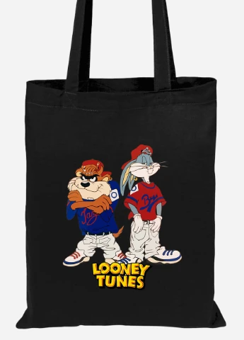 Еко-сумка шоппер Таз і Багз Банні Луні Тюнз (Taz Looney Bugs Bunny Tunes) (92102-2875-BK) чорна MobiPrint Lite (256923936)