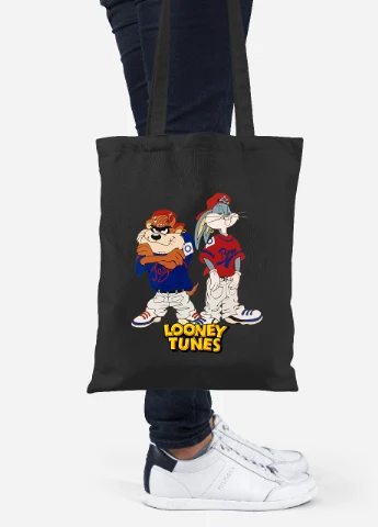 Еко-сумка шоппер Таз і Багз Банні Луні Тюнз (Taz Looney Bugs Bunny Tunes) (92102-2875-BK) чорна MobiPrint Lite (256923936)