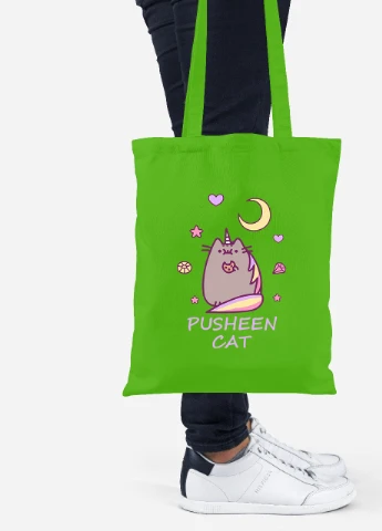 Еко-сумка шоппер Кіт Пушин (Pusheen Cat) (92102-3349-LM) салатова MobiPrint Lite (256923807)