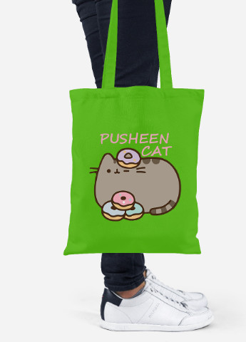 Еко-сумка шоппер Кіт Пушин (Pusheen Cat) (92102-3346-LM) салатова MobiPrint Lite (256920998)
