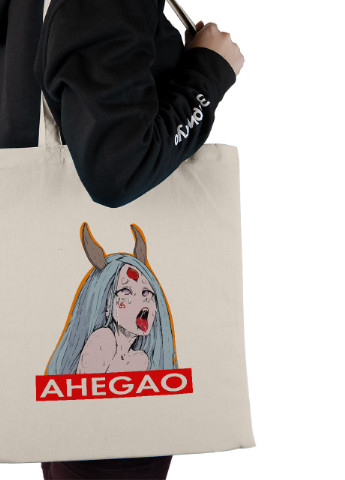 Эко сумка шопер Ахэгао девушка-рот лого(Ahegao girl logo) (92102-3508-BG) бежевая MobiPrint lite (256945945)