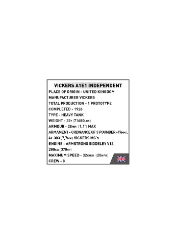 Конструктор Перша Світова Війна Танк Віккерс A1E1 Незалежний, 886 деталей (-2990) Cobi (257099785)