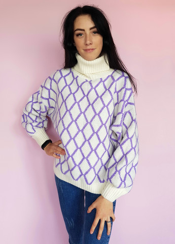 Молочный свитер женский оверсайс в узор молочный с сиреневым Flex moda