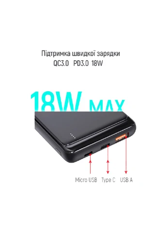 Батарея універсальна 10 000 mAh Slim (USB QC3.0 + USB-C Power Delivery 18W) Black (CW-PB100LPG3BK-PD) Colorway (257224423)