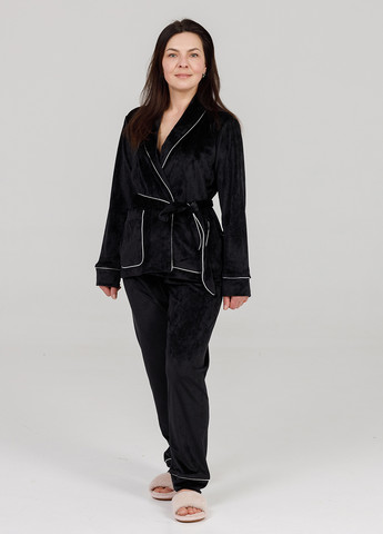 Чорна всесезон велюрова піжама (халат+штани) чорна кофта + брюки SONTSVIT