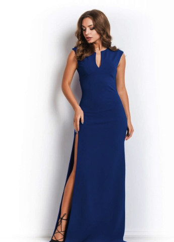 Синее вечернее платье футляр First Woman однотонное