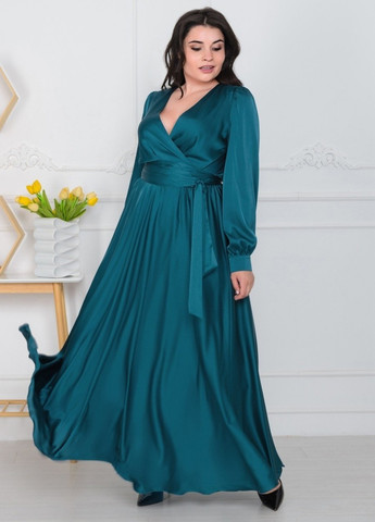 Смарагдова вечірня плаття а-силует, на запах JadFashion однотонна