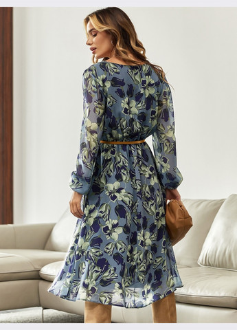Блакитна кежуал шифонове кежуал плаття з квітчастим принтом і v-подібним вирізом блакитне кльош Dressa з квітковим принтом