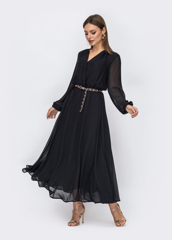 Черное кэжуал шифоновое платье чёрного цвета с расклешенной юбкой Dressa