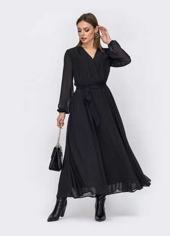 Чорна кежуал шифонове плаття чорного кольору з розкльошеною спідницею Dressa