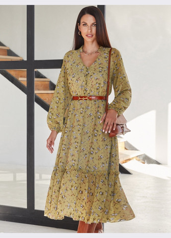 Оливковое (хаки) кэжуал оливковое платье из шифона с принтом и v-образным вырезом Dressa