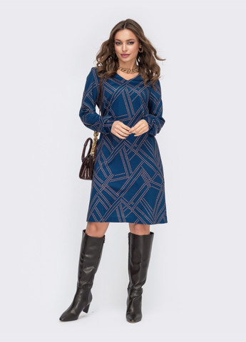 Темно-синее кэжуал темно-синее платье-трапеция с принтом и v-образным вырезом Dressa