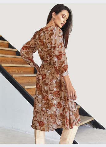 Бежевое кэжуал шифоновое платье-миди в цветочный принт с вырезом бежевое Dressa