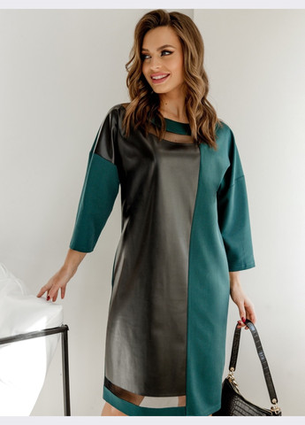 Смарагдова кежуал комбіноване плаття зі вставками з екошкіри темно-зелене Dressa