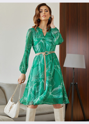 Зелена кежуал зелене кежуал плаття з шифону з великим принтом та вирізом кльош Dressa з квітковим принтом