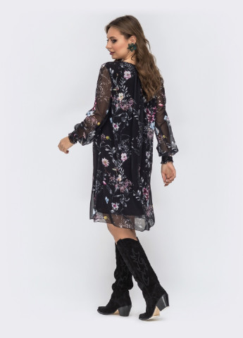 Черное кэжуал шифоновое кежуал платье с цветочным принтом чёрное а-силуэт Dressa с цветочным принтом