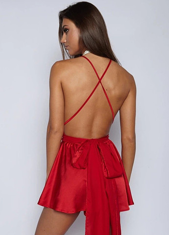 Ефектна атласна сукня-шорти міні з глибоким декольте - червона No Brand (257347531)