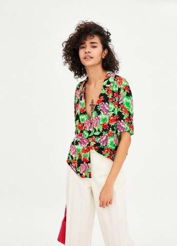 Чёрная блуза черная в цветы оверсайз Zara