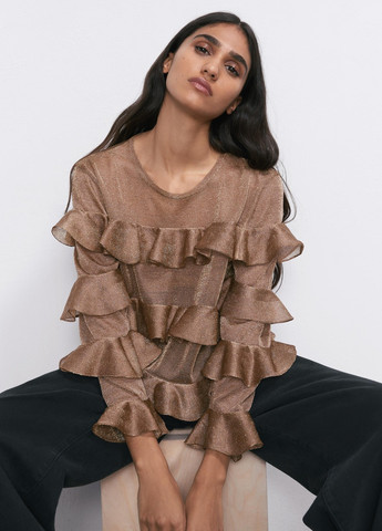 Коричневая демисезонная блузка женская коричневая с рюшками Zara