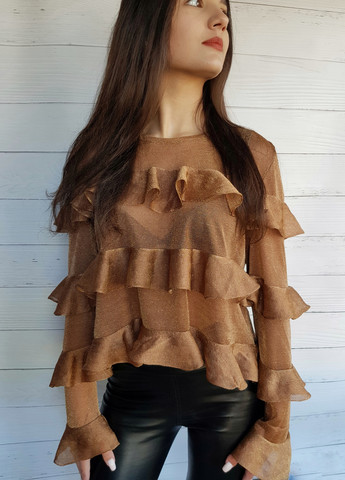 Коричневая демисезонная блузка женская коричневая с рюшками Zara