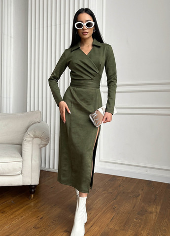 Оливкова (хакі) ділова стильна сукня міді з еко замші Jadone Fashion однотонна