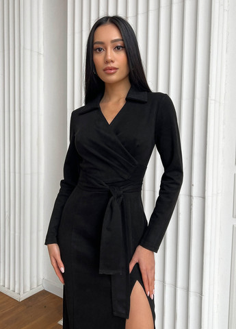 Черное деловое стильное платье миди из еко замши Jadone Fashion однотонное