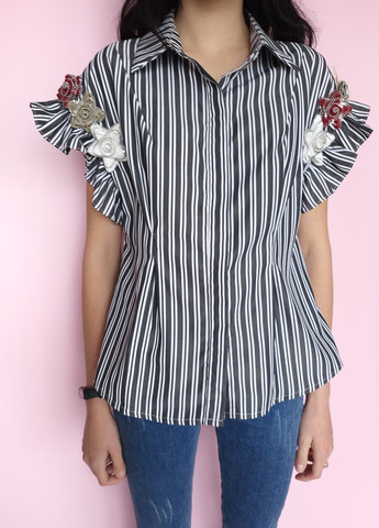 Черно-белая летняя блуза в полоску с аппликациями цветов bao@dao черно-белая No Brand