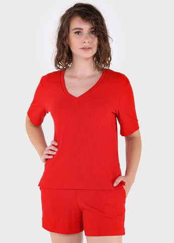 Красная летняя легкая футболка женская в рубчик 800000025 с коротким рукавом Merlini Корунья
