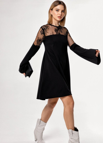Чорна коктейльна вільне плаття з ажурною кокеткою Gepur однотонна