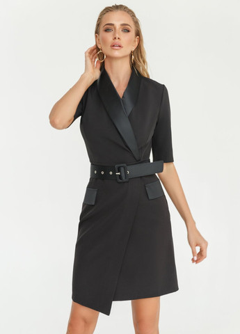 Черное деловое приталенное платье-жакет с атласными лацканами Gepur однотонное