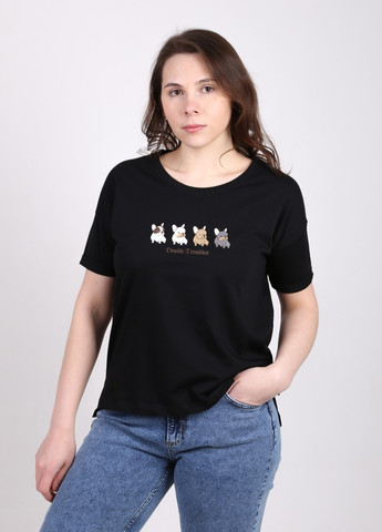 Черная летняя футболка женская черная с собачками прямая с коротким рукавом MDG Прямая