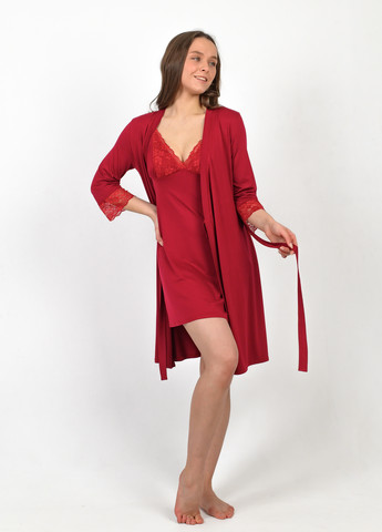Темно-червоний жіночий комплект халат+ сорочка NEL