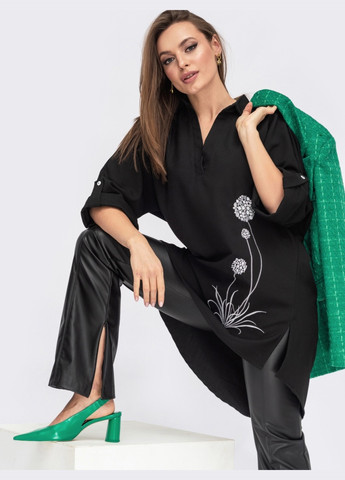 Чёрная черная блузка из тиара с вышивкой и шлёвками Dressa