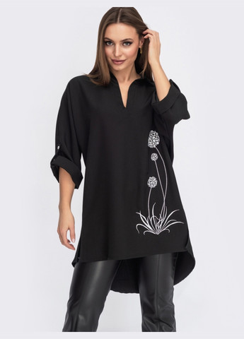 Чёрная черная блузка из тиара с вышивкой и шлёвками Dressa