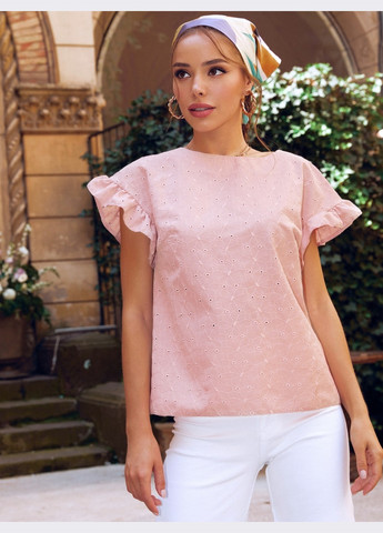 Розовая демисезонная розовая блузка из прошвы с воланом на рукаве Dressa