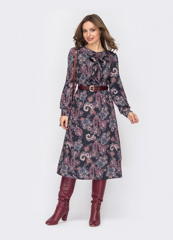 Черное принтованное платье с жабо и юбкой-трапецией черное Dressa