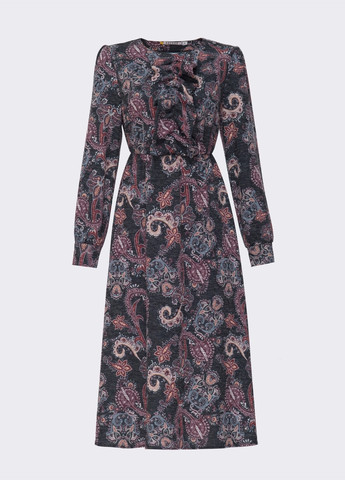 Черное принтованное платье с жабо и юбкой-трапецией черное Dressa