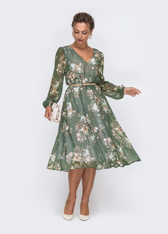 Оливковое (хаки) кэжуал шифоновое кежуал платье с цветочным принтом хаки клеш Dressa с цветочным принтом